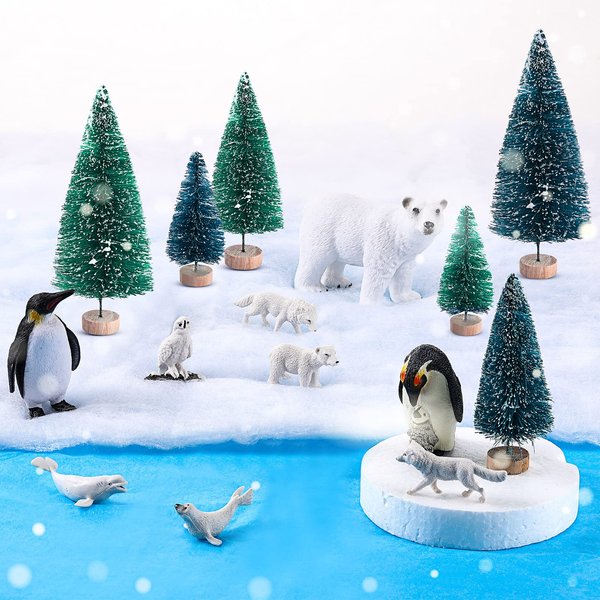 19 Pcs Arctic Animals Figurines Set Includes 9 Polar Animals Figurines 6 Mini Pine Trees 1 Foam Boards 1 Fake Snow Blanket 2 Blue Tissue Paper