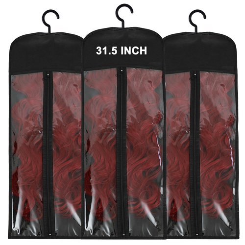 AIFIHIYI 3Pcs Wig Hanger Wig Holder Hair Extension Holder Wig Bags Extra Long Wig Storage Bags with Hanger Hair Extension Storage Wig Storage for Multiple Wigs Hair Extensions, Wigs Accessorie (Black)