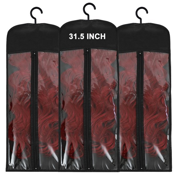 AIFIHIYI 3Pcs Wig Hanger Wig Holder Hair Extension Holder Wig Bags Extra Long Wig Storage Bags with Hanger Hair Extension Storage Wig Storage for Multiple Wigs Hair Extensions, Wigs Accessorie (Black)