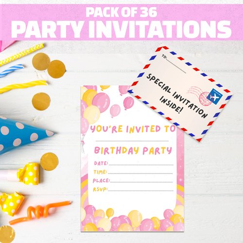 BestaFiesta 36 Kids Childrens Birthday Party Invitations with Folding Envelope Design and Holographic Stickers (Pink)