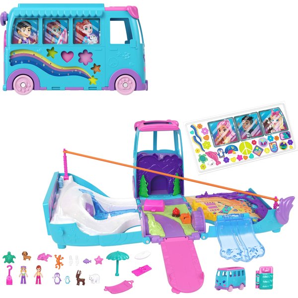 Polly Pocket Micro Dolls and Transforming Camper Van Vehicle, Accessories Include Pets and Toy Car, Pet Mobile Adventure Playset