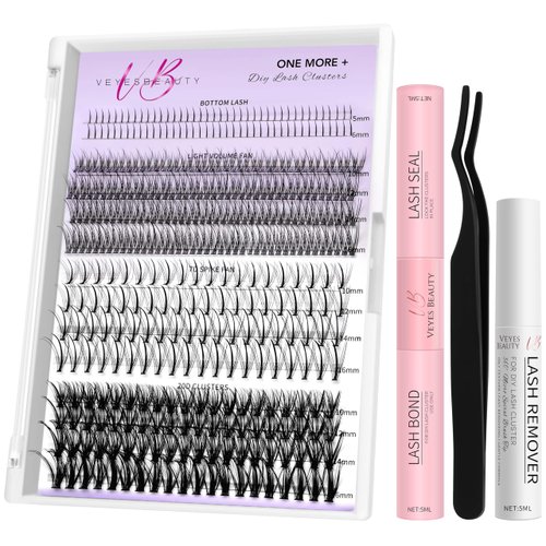 VEYESBEAUTY Lash Clusters Kit Natural Individual Lash Extensions One More+ DIY Wispy Faux Mink Lash Tray with Bond & Seal & Remover, Tweezer Multi-type Mix Bottom, Light Volume, 7D Spike, 20D Clusters