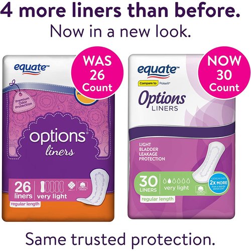 Equate Options Liners Light Bladder Leakage Protection, Regular Length Women's Incontinence Pads, Very Light Absorbency, 30 Count - 2 Pack (60 Total)
