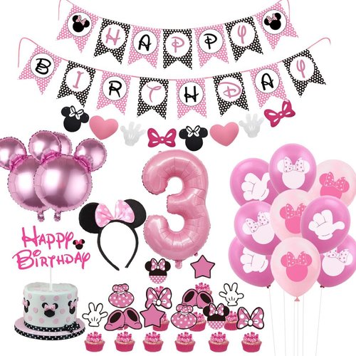 Wekayli Minnie 3rd Birthday Party Supplies Minnie 3 Year Old Girls Birthday Party Decorations Minnie 3rd Birthday Cake Cupcake Toppers Number 3 Foil Balloon Banner Minnie Birthday Decorations