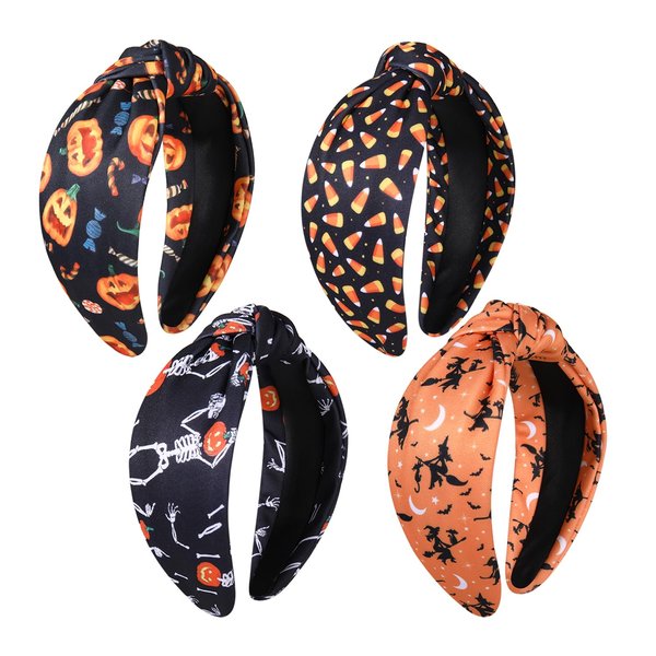4 Pcs Halloween Headbands for Women Cute Pumpkin Witch Hat Bat Spider Candy Corn Ghost Skeleton Knotted Hairband Wide Top Knot Head Band Halloween Costume Party Makeup Hair Accessories Gifts
