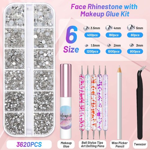 Shynek 3600Pcs Gems Rhinestones with Makeup Glue, Tweezers Dotting Tools for Face Nail Art Body Hair Eye Jewels Crafts Decoration