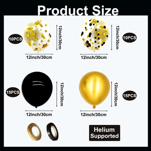 50 Pcs 12-Inch Latex Balloons Confetti Balloons Set, Black and Gold Confetti, Solid Black, and Gold Metallic Balloons for Birthday, Graduation, Anniversary, New Year's Party Decorations
