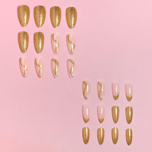 French Tip Press on Nails Medium Almond Fake Nails Glossy Glue on Nails Full Cover Acrylic Nails Gold and White Line False Nails with Gold Glitter Designs Medium Gold Nail Tips for Women and Girls