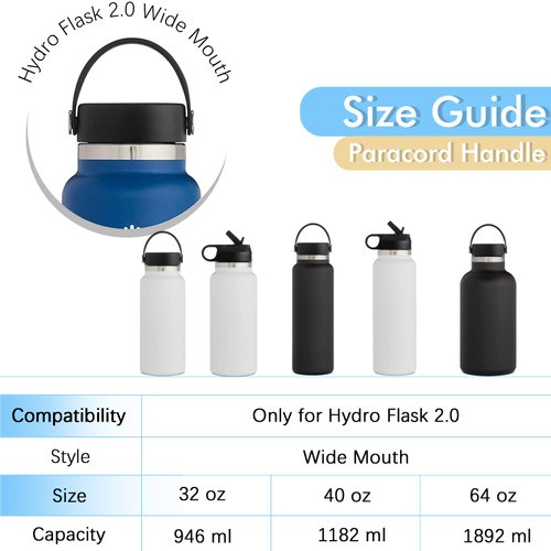Miracredo Paracord Handle for New Hydro Flask 2.0 Wide Mouth Water Bottle with Rubber Ring and Carabiner, Easy Carry Strap Holder for Hydro Flask Water Bottle, Fit 32 oz to 40oz Hydroflask