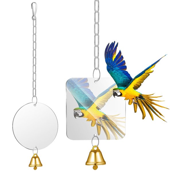 Bird Mirror with Bell - 2Pcs Bird Cage Mirror Bird Cage Toys Acrylic Hanging Ringer Mirror Toy Parakeet Mirror Interactive Bird Toys for Cockatiel Parrot