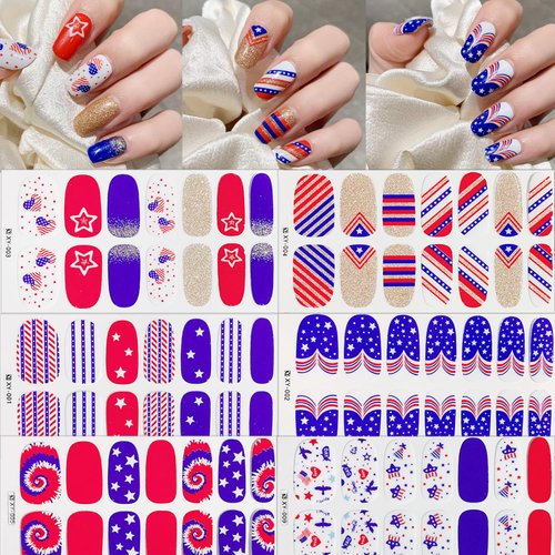6 Sheets 4th of July Semi Cured Gel Nail Strips Independence Day Nail Polish Stickers Self-Adhesi...