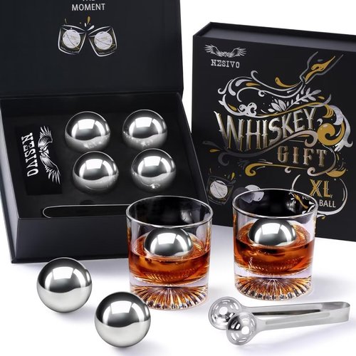 Whiskey Balls Reusable 55mm, Bourbon Gifts for Men, Whiskey Ice Stones with Tongs, Christmas Gifts for Dad Who Has Everything, Anniversary Birthday Gifts for Boyfriend Grandpa Him Husband from Wife