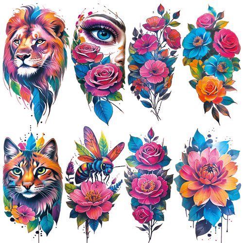 Tazimi Realistic Watercolor Flower Temporary Tattoos Half Arm Lion Flower Fake Tattoos for Women Girls Adults Waterproof Long Lasting Colourful Sexy Tattoos Stickers