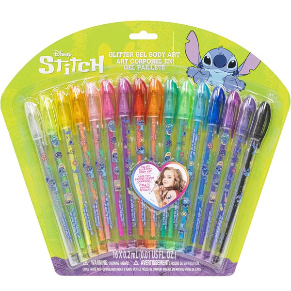 Disney Stitch 16 Piece Glitter Pen Body Art Set, Glittery and Bright Colors, Ages 3+ by Townley Girl