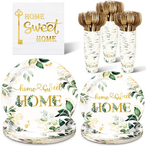 Zubebe 24 Set Housewarming Party Supplies Disposable Greenery Home Party Tableware Set Including 48 Pcs Green Leaves Paper Plates of 9'' and 7'' 24 Paper Cups 24 Forks 24 Napkins for Birthday Wedding