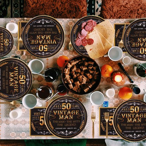 VIJIV 96Pcs 50th Birthday Decorations Men Party Plates and Napkins Tableware Set Party Supplies, Black and Gold Paper Dessert Plates Cheers 50th Wedding Anniversary Decorations