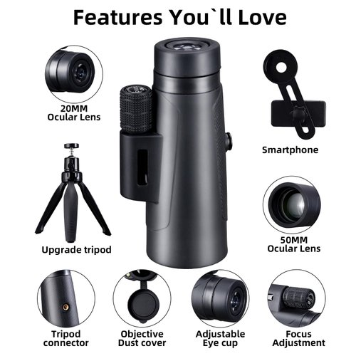 Monocular Telescope，Baacony HD Monocular for Adults with Smartphone Adapter & Tripod,Monocular Compact for Bird Watching Hiking Camping Hunting Wildlife Travel.(Black)