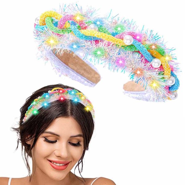 Barode Colorful Light Up Headband Pearls LED Hair Hoop Monarch Luminous Headpiece Crown Wide Headbands Sparkle Hairband Bling Hair Accessories for Women (With pearls)