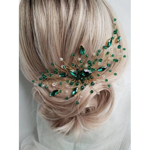 Teyglen Bridal Wedding Gold Silver Dainty Hair Combs Green Rhinestones Crystal Side Hair Comb Flower Crystal Bride Hair Accessories for Women and Girls (Gold Green)