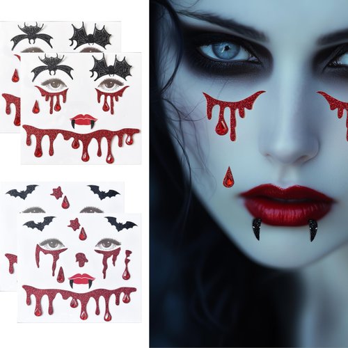 Yitla Vampire Face Jewels Halloween vampire accessories face gems vampire costume Self Adhesive Temporary Tattoos Halloween Face Stickers (Red)