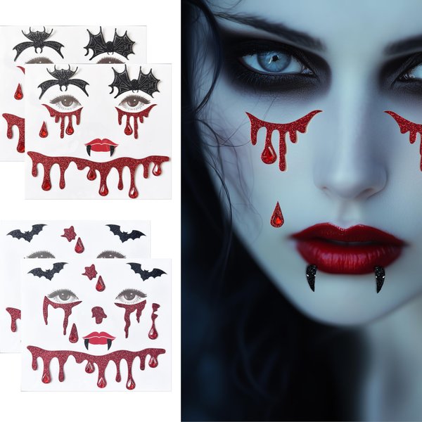 Yitla Vampire Face Jewels Halloween vampire accessories face gems vampire costume Self Adhesive Temporary Tattoos Halloween Face Stickers (Red)