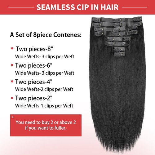 Seamless Clip in Hair Extensions Human Hair Full Head Natural Black PU Seamless Hair Extensions Straight 8pcs 120g Clip ins 100% Remy Human Hair Extensions For Women (18 inch, #1B)