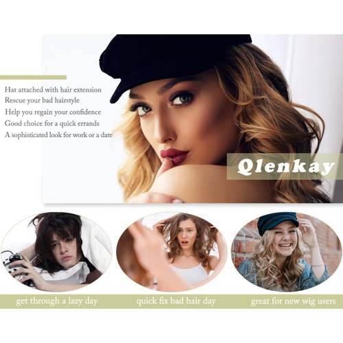 Qlenkay Newsboy Cap with Bob Hair Extensions Short Curly Wavy Wig Hat 8 Panel Visor Beret Attached Synthetic 14'' Hairpiece for Woman Ash Blonde Mix Bleach Blonde