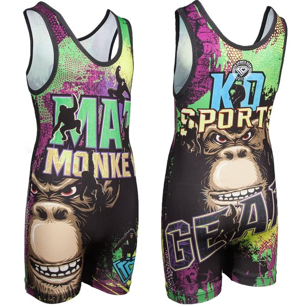 KO Sports Gear - Unisex Wrestling Singlet (Mat Monkey, Youth Medium)