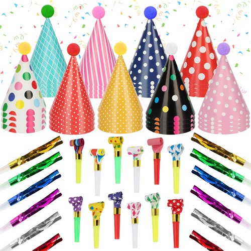SAYAYA 116 PCS Party Cone Hats Assorted Cone Paper Hat with Party Blowers and Metallic Fringed Noise Makers Birthday Party Cone Hats Blowouts for Birthday Party Supplies