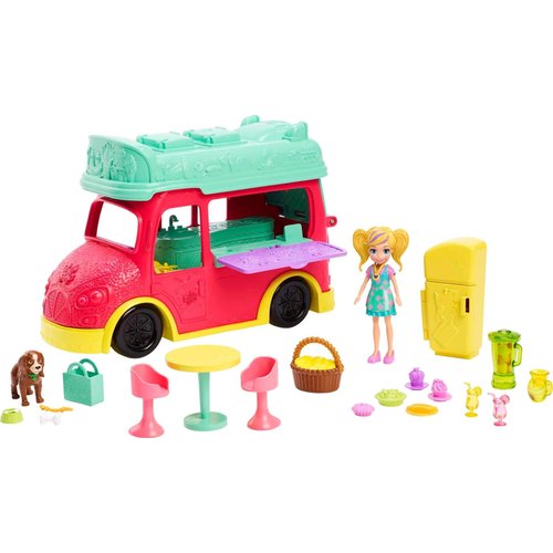 Polly Pocket Playset, Swirlin' Smoothie Truck Transforming Vehicle Toy with 3-inch Doll, Pet Puppy & Food Accessories