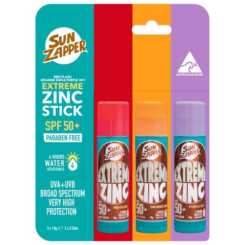 Sun Zapper Extreme Zinc Stick Triple Pack - Red, Orange, Purple SPF 50+ Water Resistant Sunscreen -15g Each