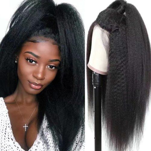 Selina Kinky Straight Wig 4x4 Closure Wigs Yaki Straight Wig Lace Closure Wig Brazilian Human Hair Wigs For Black Women 180% Density Wig Natural Hairline Glueless (Kinky Straight Wig, 8 Inch)