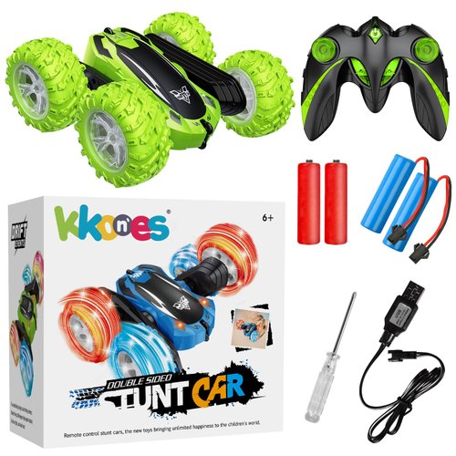 KKONES Remote Control Car, 2.4GHz Electric Race Stunt Car, Double Sided 360° Rolling Rotating Rotation, LED Headlights RC 4WD High Speed Off Road Gift for 3 4 5 6 7 8-12 Year Old Boy Toys (Green)