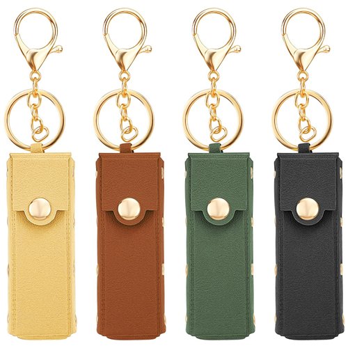 4 Pcs Lipstick Holder Keychain PU Leather Chapstick Case Keychain Lip Balm Organizer Holder Lip Gloss Keychain Holder Portable Sleeve Lipstick Travel Storage Case for Women (Green+Brown+Black+Yellow)
