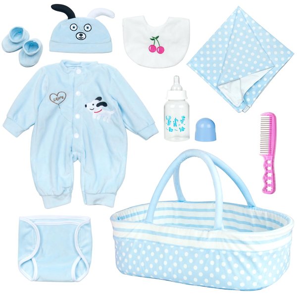 PEDOLLTREE Reborn Baby Dolls Clothes Boy Outfit Accessories Blue Puppy 9 Pcs Set for 17-20 Inch Reborn Doll Newborn Boy with Blue Dot Bassinet