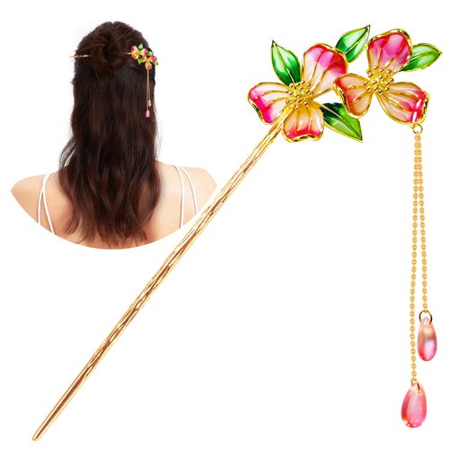 KZQtriid Hair Accessories 14k Gold Plated Copper Vintage Handcrafted Colour Enamels Peach Blossom Tassels Hair Stick ，Hair Clip. 7.08" Hair Chopsticks For Women.