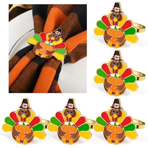 Thanksgiving Day Napkin Rings Decoration 6 Pcs, Metal Turkey Pumpkin Rings Holders for Home Birthday Party Dinner Table Favors Supplies Fall Autumn Bar Dinning Costume Decor
