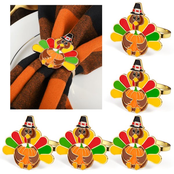 Thanksgiving Day Napkin Rings Decoration 6 Pcs, Metal Turkey Pumpkin Rings Holders for Home Birthday Party Dinner Table Favors Supplies Fall Autumn Bar Dinning Costume Decor