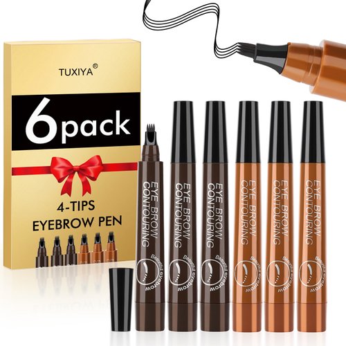6 PCS Natural Brow Eyebrow Pen - Eye Brow Pencils for Women Brown, Upgraded 4-Fork-Tip Eyebrow Pen Creates Hair-Like Natural Brows, Waterproof Eyebrow Pencil Last All-Day, Light Brown and Dark Brown