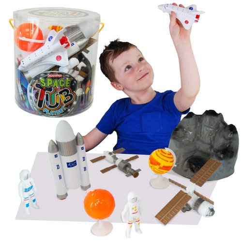 Tub Playset -Space from Deluxebase. Space Toys Figurine Set for Kids with Reusable Tub. 8 Piece Imagination Toys Playset with Toy Storage including Astronauts, Planets, Space Shuttle and Accessories.