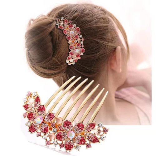 Aimimier Crystal Inlaid French Flower Hair Comb Sparkly Rhinestone Gem Side Combs Long Teeth Hair Pins Styling Hair Accessories for Women Girls(Pink)