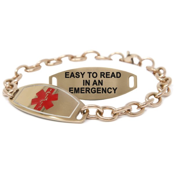 My Identity Doctor Medical Alert Bracelet for Women, Custom Engraved Medic ID, Rose Gold Tone Steel 6mm O-Link Chain, Red, Free ID Card | Made in USA - WRIST SIZE 5.25 inch