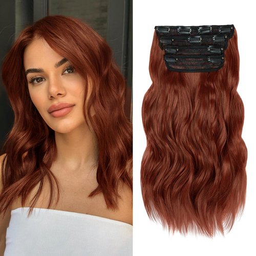 NAYOO 4PCS Clip in Hair Extensions Long Wavy Curly Synthetic Thick Hairpieces Wine Red for Women with Fiber Double Weft Hair Full Head（16 Inch, Wine Red）