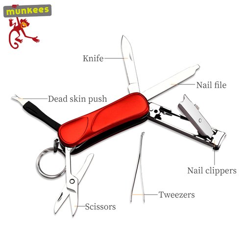 Ace Camp Munkees 6-Function Manicure Keychain Multi-Tool, Nail File, Fingernail Clippers, Scissors, Knife, Tweezers, Cuticle Pusher, Trimmer, Remover, Mini Portable Pocket Key Ring Gift