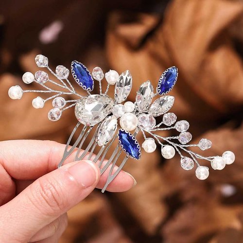 YBSHIN Blue Rhinestone Hair Comb Wedding Hair Accessories for Brides Silver Headpieces Bridal Hair Accessories for Women Decorative Hair Combs (Style 3)