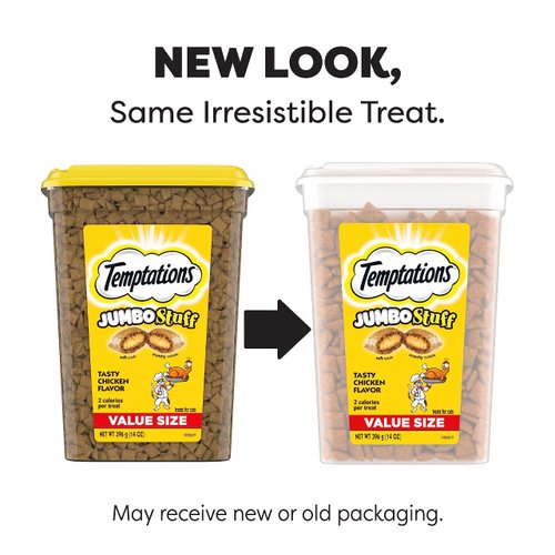 TEMPTATIONS Jumbo Stuff Crunchy and Soft Cat Treats, Tasty Chicken Flavor, 14 oz. Tub