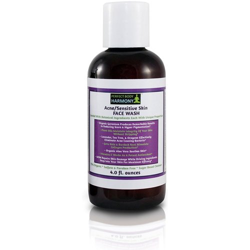 Perfect Body Harmony Sensitive Skin Face Wash Cleanser; 72% Organic & Loaded with The Best Natural Botanical Ingredients; Sulfate & Paraben Free Sugar Based Facial Wash; 4.0 fl. oz. Amber Bottle.