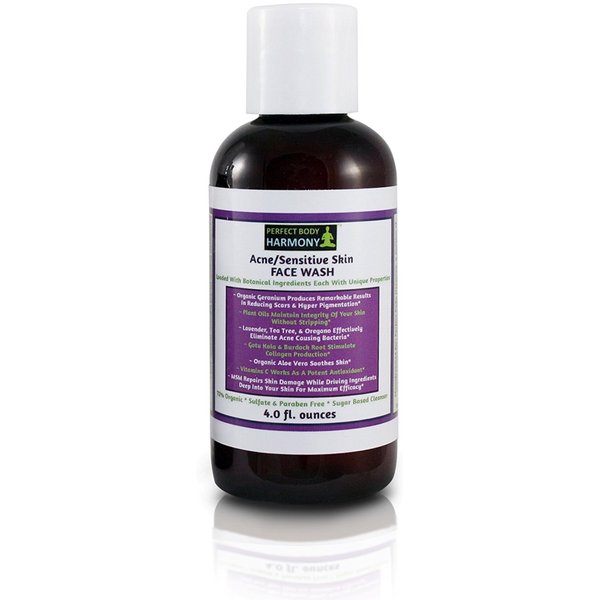 Perfect Body Harmony Sensitive Skin Face Wash Cleanser; 72% Organic & Loaded with The Best Natural Botanical Ingredients; Sulfate & Paraben Free Sugar Based Facial Wash; 4.0 fl. oz. Amber Bottle.