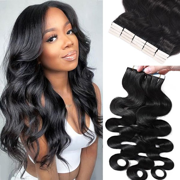 Wavy Natural Black Tape in Hair Extensions for Black Women Human Hair Body Wave PU Tape in Hair Extensions 18 Inch Invisible Double Sided Skin Weft Tape in Hair Extensions 50grams 20pcs Real Remy Hair
