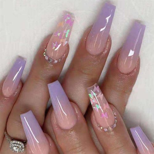 Enppode Long Fake Nails French Tip Press on Nails Coffin Stick on Nails with Butterfly Design Purple Nails for Women